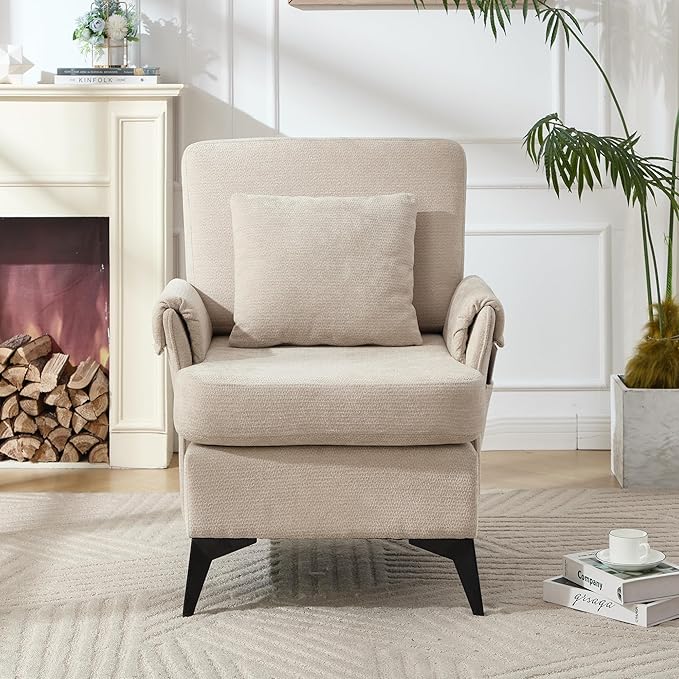KCC Mid-Century Accent Chairs,Chenille Modern Upholstered Single Sofa,Cozy Armchair with Back for Bedroom/Office/Cafe,Begie