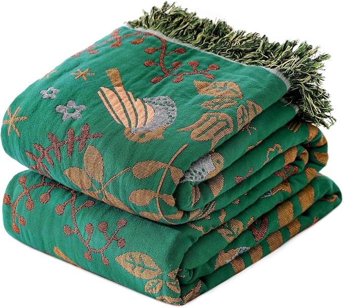 MSGKV Cotton Bed Blanket for Couch and Sofa Blankets for Living Room Bedroom Floral and Birds Throw 80"x90" Breathable Cozy Boho Blankets
