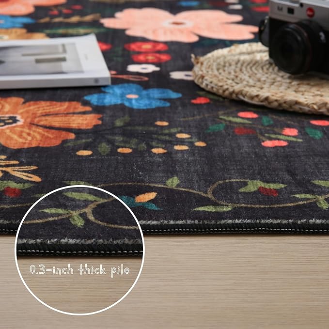 Bedroom Rug 3x5 Rug Washable Area Rug Non Slip Low Pile Boho Floral Small Carpet for Bedroom, Bedside, Kitchen, Entryway, Kids Room, Office, College Dorm Essentials for Girls(Black)