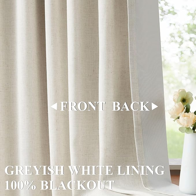 Vision Home Natural Pinch Pleated Full Blackout Curtains Linen Blended Room Darkening Window Curtains 72 inch for Living Room Bedroom Thermal Insulated Pinch Pleat Drapes with Hooks 2 Panel 40"Wx72"L