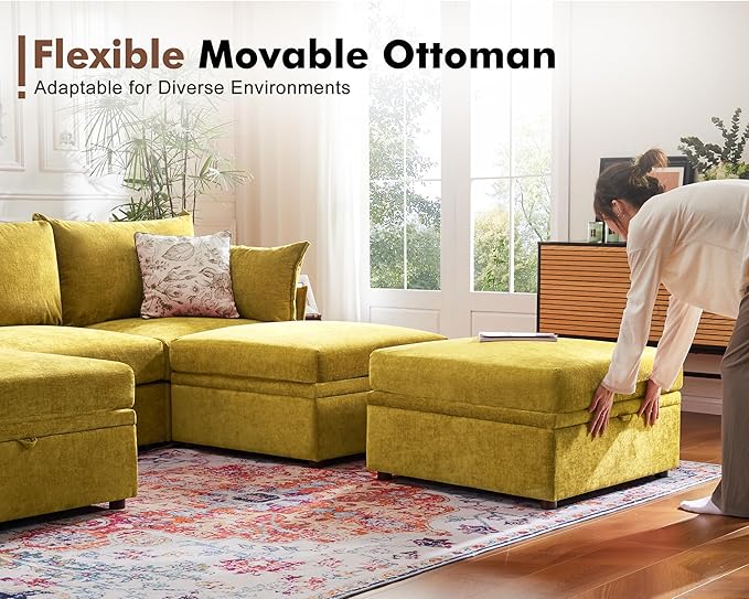 Luxury Modular Sectional Sofa, L-Shaped 3-Seat Couch with Storage Ottoman Deep Seat & Reversible Chaise Lounge Chenille Yellow for Compact Spaces, Apartments, Dorm