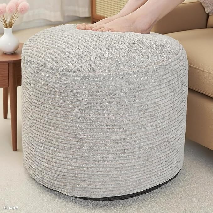 Round Stuffed Pouf Ottoman, Foot Stools Ottoman,Corduroy Poufs with Foam Chunk Filling, Furry and Fluffy Storage Ottomans, 20 X 15 Floor Poufs Foot Rest for Living Room