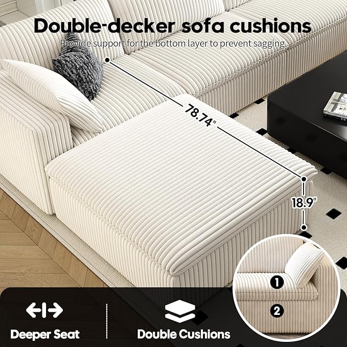 118" Cloud Couch Oversized Modular Sectional Sofa for Living Room,Modern Sofa with Deep Seat，6 Seater Boneless Couch,Comfy Upholstered Corduroy Couches for Apartment, Studio, Office,Bedroom，White