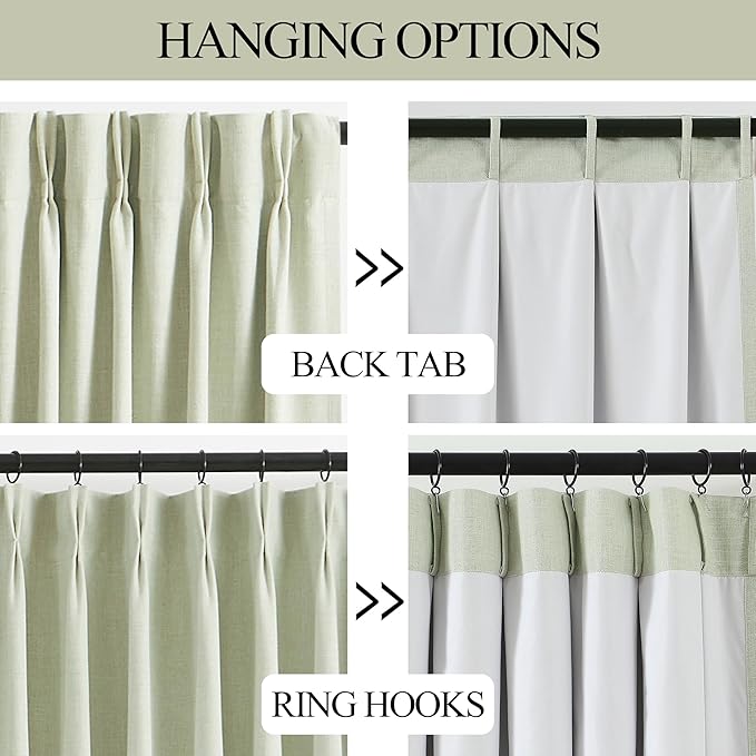 Vision Home Soft Green Pinch Pleated Full Blackout Curtains Linen Blended Room Darkening Window Curtains 112 inch for Living Room Bedroom Thermal Insulated Pinch Pleat Drapes with Hooks 60" Wx112 Lx1