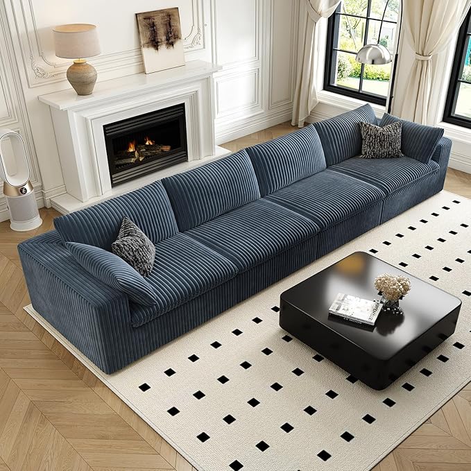 157.5" Cloud Couch Modular Sectional Sofa for Living Room,Modern Sofa with Deep Seat，4 Seater Boneless Couch,Comfy Upholstered Corduroy Couches for Apartment, Studio, Office,Bedroom，Blue