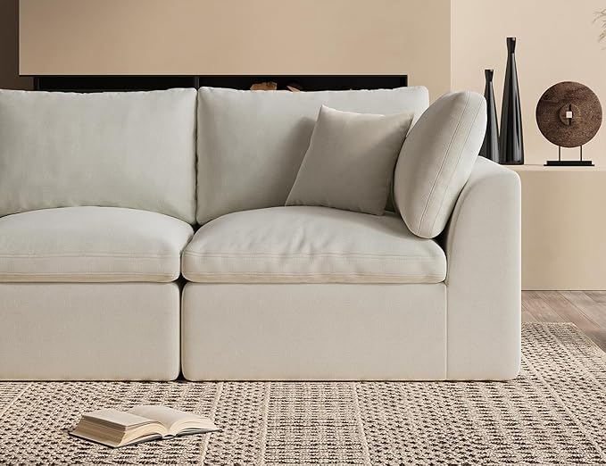 110" Cloud Sectional Couches for Living Room, Convertible L-Shape Couch with Ottoman, 3 Seater Modular Sectional Sofa, Warm White