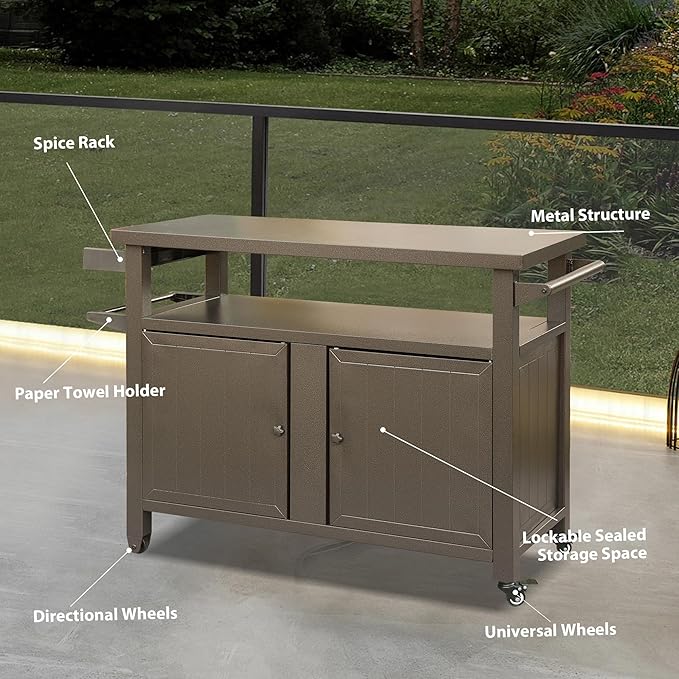 Domi Grill Carts Outdoor Storage Cabinet with Wheels, Metal Outdoor Grill Kitchen Table Dining Cooking Prep BBQ Table for Patio, Kitchen Island, Home Party, Bar (Brown)