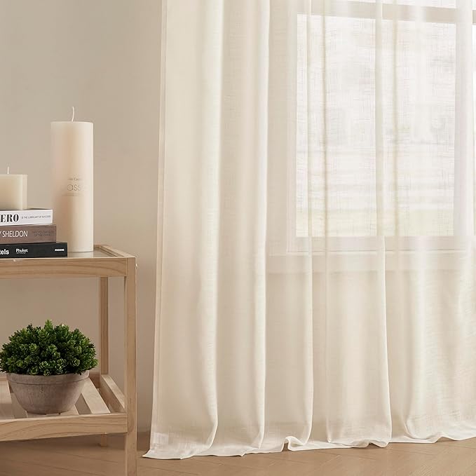 Joydeco Sheer Linen Curtains for Living Room, White Curtains 90 Inches Long 2 Panels Set, Rod Pocket Back Tab Window Privacy Assured with Light Filtering(W52 x L90 Inch,Linen)