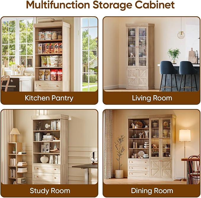 Vyre 71" Tall Farmhouse Bookshelves with Glass Doors and Drawers, Set of 4 – Large Modular Bookcase with Adjustable Shelves, Storage Cabinet for Living Room, Kitchen, Brown