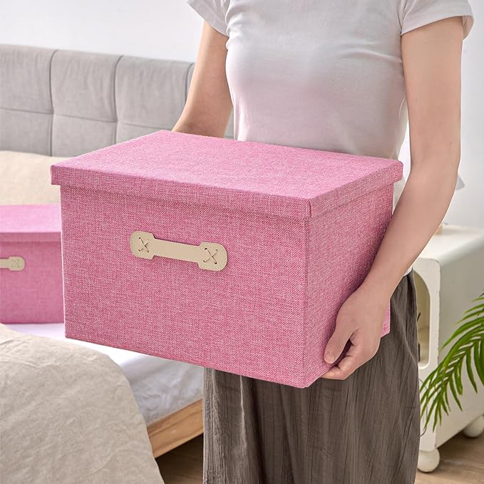 Enzk&Unity Decorative Storage Bins with Lids, Fabric Linen Foldable Storage Box with Handle Home Organizer for Shelf, Closet, Bedroom, Living Room, Office, 3 Packs, Pink