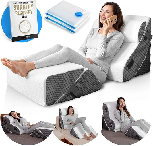 Orthopedic Bed Wedge Pillow Set w/Leg Elevation Pillow - Perfect Adjustable Memory Foam Pillows for After Surgery Recovery, Back Support, Pain Relief & Sleeping (5 pcs Grey with Cooling Fabric)