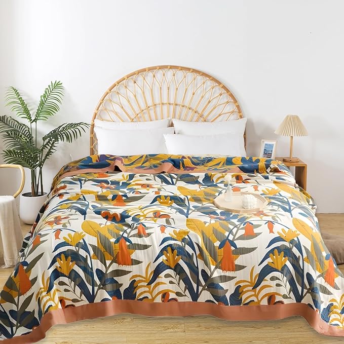 Boho Throw Blanket for Bed - 100% Pure Cotton Ultra Soft Rustic Quilt - Farmhouse Decor Bed Blankets, All Season Rustic Throw for Sofa Couch Chair(91''x 98'', Floral Sea)