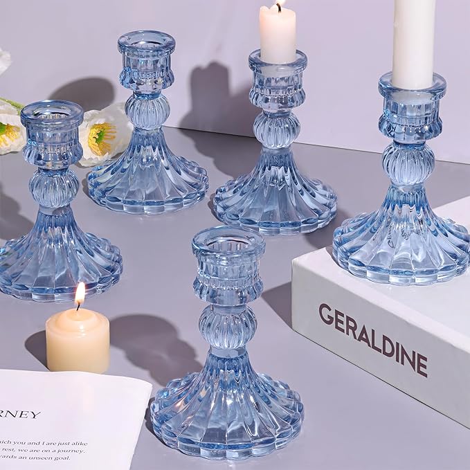 12PCS Blue Candlestick Holders Set- 4" H Taper Candle Holders, Glass Candle Holders Bulk for Wedding, Party, Home Table Centerpieces, Festival Gifts & Windowsill Decor