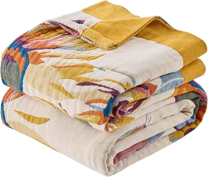Boho Throw Blanket for Bed, Lightweight Reversible Quilt, Fall Cotton Blanket, Queen Size Boho Floral Bird Colorful Retro Quilt Ultra Soft Reversible Gauze Blanket for All Season, 80"x90"