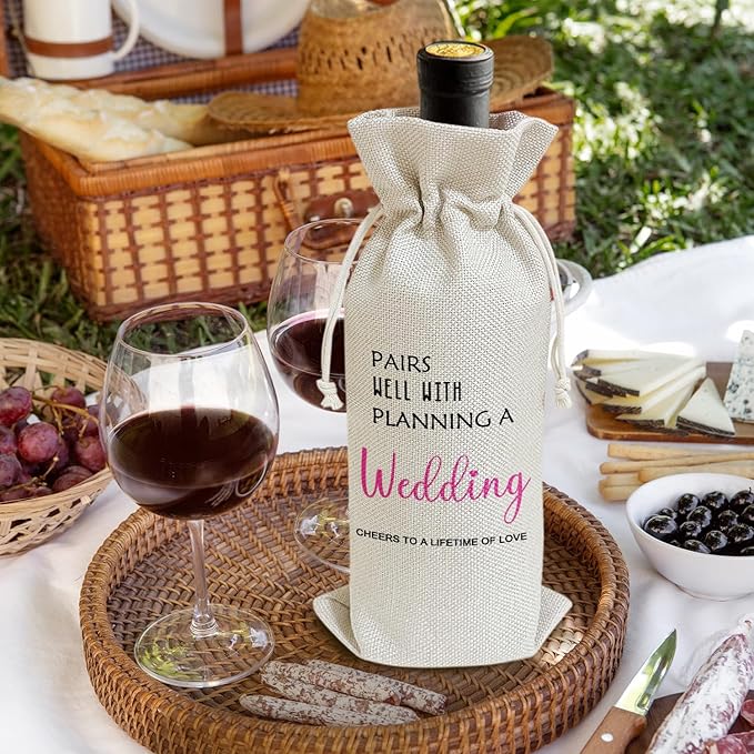 Pairs Well With Planning A Wedding - Gifts for Newlyweds Wine Bags, 1 PC Reusable Drawstring Burlap Wine Bottle Bags, Wedding Gifts for Bride Groom, Wine Gift Bag Wine Accessories -37