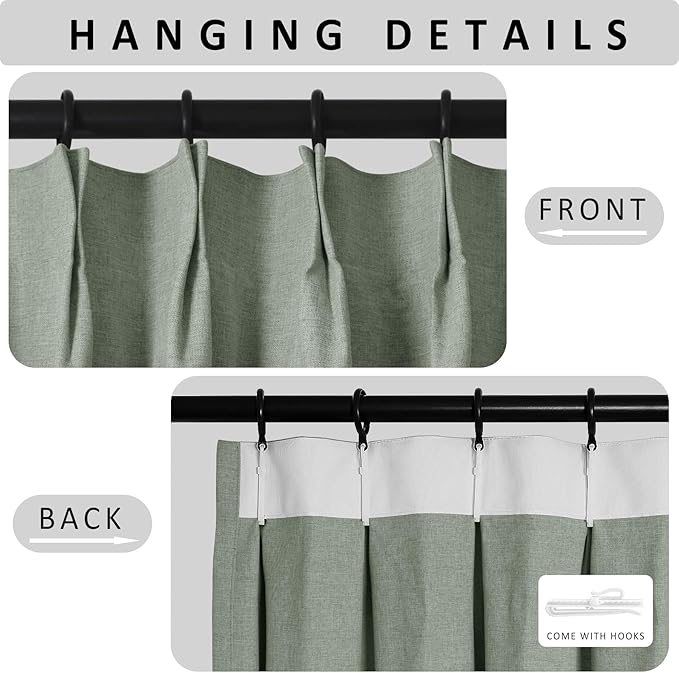 Macochico Extra Wide 100% Blackout Linen Curtains for Sliding Door Pleated Curtains with Hooks Insulated Soft Linen Drapes for Bedroom Living Room with Tieback Fog Green 100”Wx84”L 1 Panel