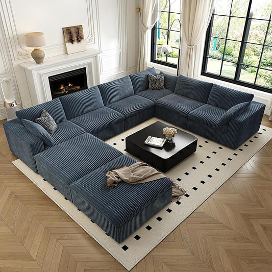157.5" Cloud Couch Oversized Modular Sectional Sofa for Living Room,Modern Sofa with Deep Seat，8 Seater Boneless Couch with 2 Ottoman,Comfy Upholstered Couches for Apartment, Studio, Office,Blue