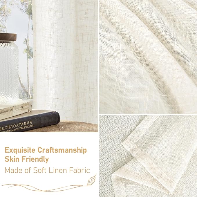 LAMIT Cream Sheer Linen Curtains 84 inch Long, Bronze Grommet Soft Linen Textured Semi Sheer Drapes with Light Filtering for Living Room/Bedroom, 2 Panels Set, 34 x 84 Inch