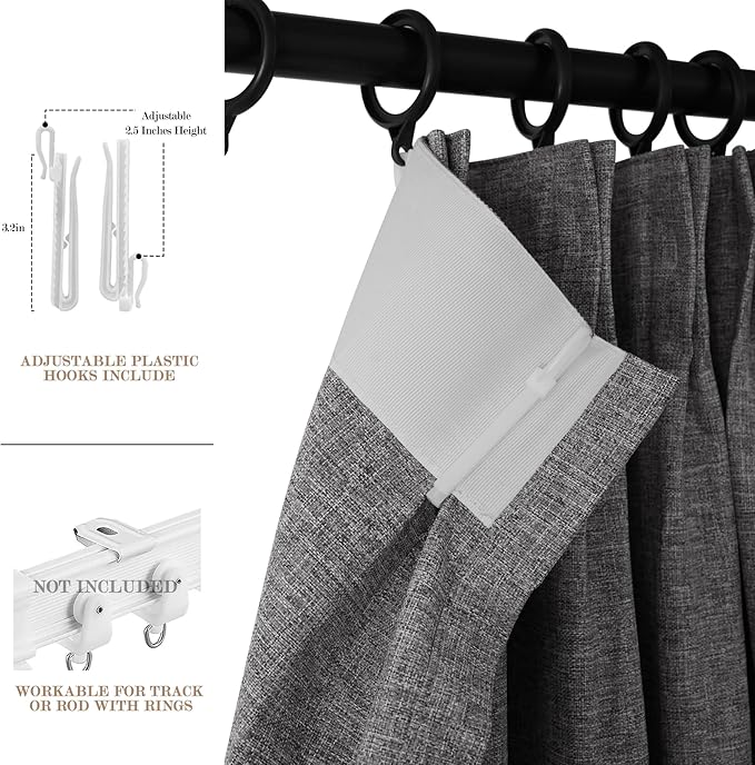 Gray Pinch Pleat 100% Blackout Drapes Linen Blend, Room Divider, Room Darkening, Energy Saving, Furniture Protecting, Light Blocking Extra Wide Privacy Curtains, 200Wx108L, 1 PC
