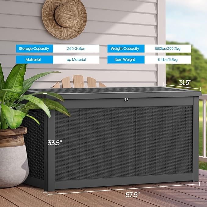 Large Deck Box 260 Gallon, Resin Patio Storage Box with Lockable Lid for Patio Furniture, Garden Tools, Pool Accessories, Weatherproof Outdoor Storage Bin, Black