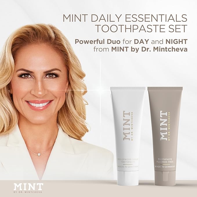 Mint Day & Night Toothpaste Set (2X 85ml) – with & Without Fluoride – MPT1 Ultra Polish Technology with Perlite – Natural Whitening, Gentle Low Abrasion, Vegan, Microplastic-Free, Mor