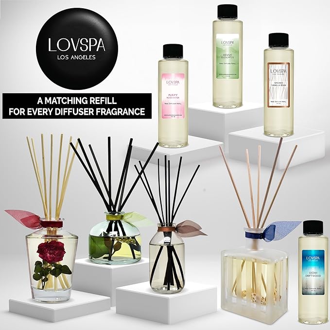 LOVSPA Reed Diffuser Set, Jasmine Vanilla Scented Oil Diffuser with Sticks, Home Fragrance Accessories for Bathroom Shelf Decor, Aroma Diffusers for Home or Office Desk, USA Made