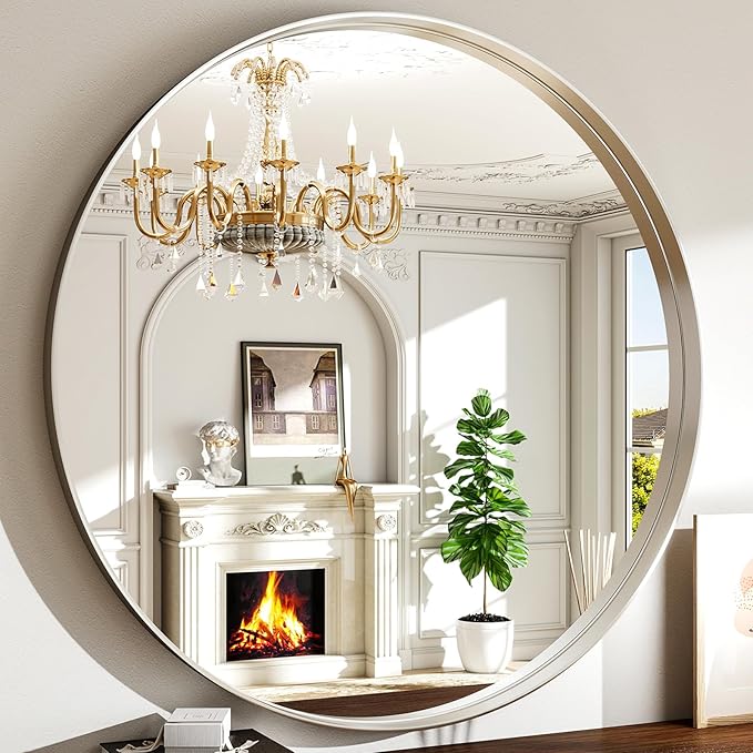 30 Inch Round Bathroom Mirror - Wall Mounted Circle Mirror with Metal Frame, Modern Mirror Suitable for Bathroom, Vanity, Entryway, Living Room, Wall Decor,Silver