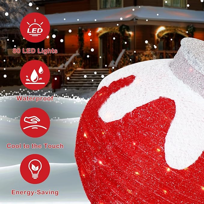 BRIGHTDECK 2 Pcs Outdoor Christmas Ornaments, Lighted Pop-Up Outdoor Holiday Ball Decoration with 80 LED Lights, 8 Light Modes, Lighted Collapsible Holiday Decorations for Yard, Home (RedGreen)