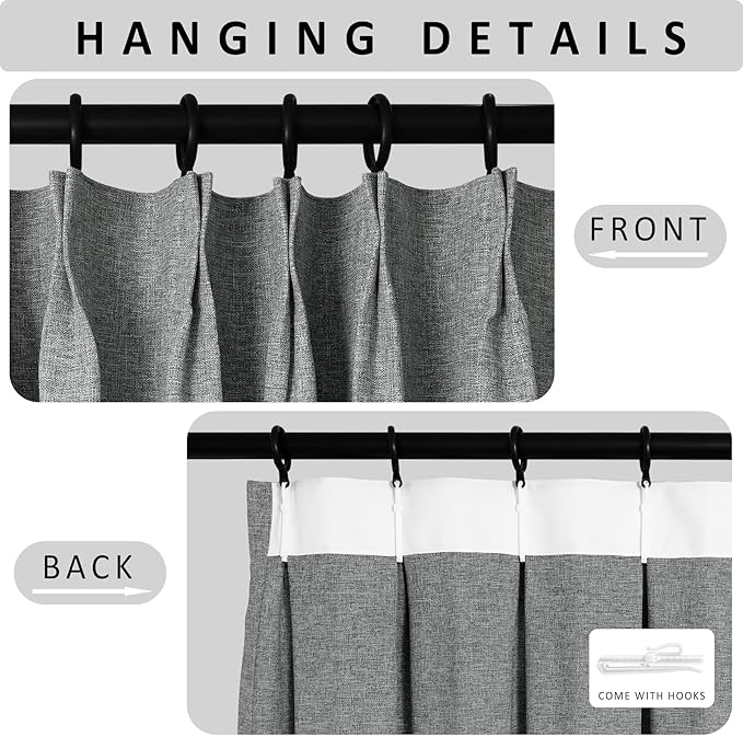 Macochico 120”Wx102”L 100% Blackout Linen Curtains Pinch Pleated Thermal Panels for Sliding Door Bedroom Living Room Farmhouse Shabby Chic Mid Grey Burlap Curtains with Tieback 1 Panel
