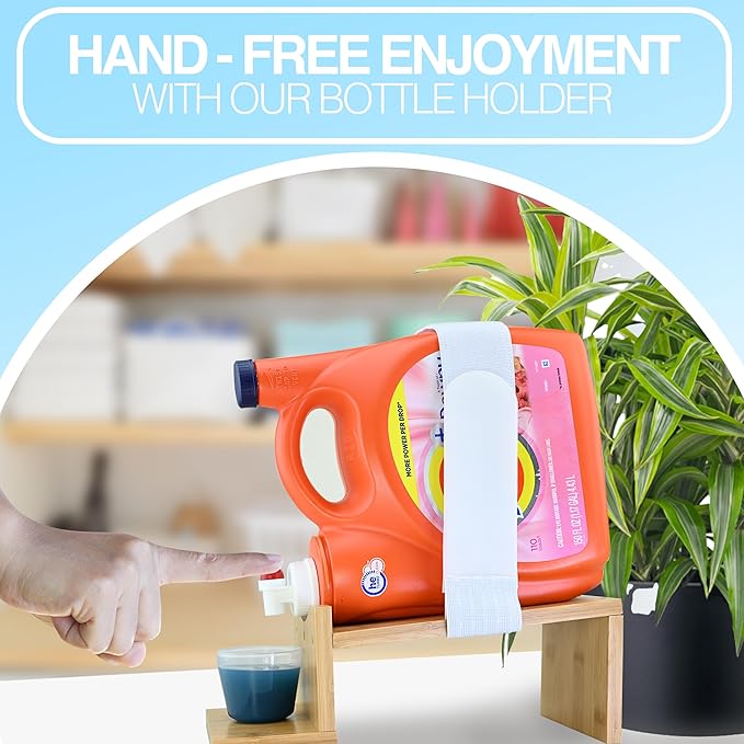 TidyFriend Laundry Detergent Dispenser with Tray & Strap, Laundry Soap Dispenser with Non-Slip Rubber Feet for Washing Room Organization, Easy Pour (Wood)