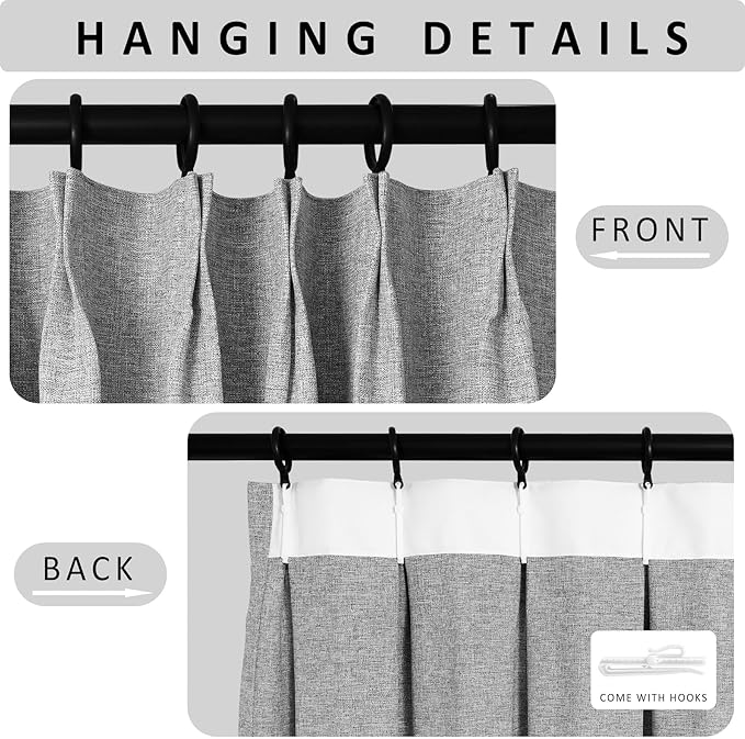 Macochico Pinch Pleated Full Blackout Curtains for Bedroom Living Room Light Grey Linen Curtains Thermal Insulated and Noise Reducing Window Panels with Tieback Shabby Chic Decor 84”Wx84”L 1 Panel