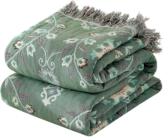 MSGKV Boho Throw Blanket for Couch Bed 100% Cotton Blankets Woven Green Blanket,Versatile Double Sided, Super Soft Warm Blanket 60''x 80''
