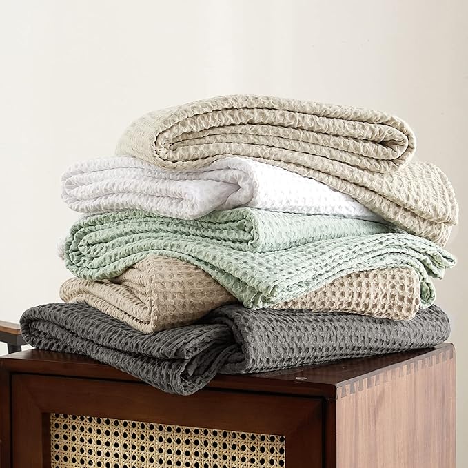 PHF Ultra Soft Waffle Weave Blanket King Size 104"x 90"- Washed Lightweight Breathable Cozy Woven Blanket for Bed - Aesthetic Decor for Couch Bedding Sofa Home Car - Khaki