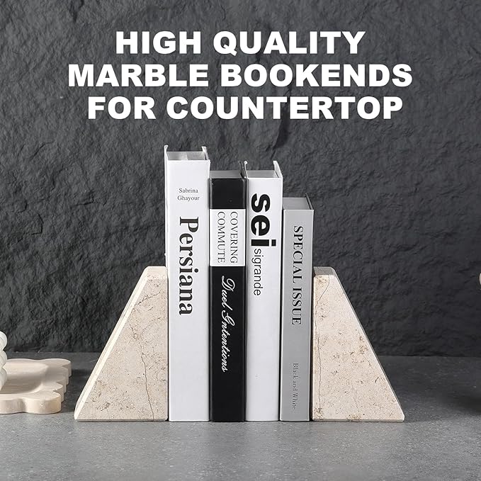 Marble Bookends for Heavy Books, Decorative Book Ends for Shelves, Beige Stone Durable and Heavy-Duty Book Ends for Hardback Books & CDS, Unique Book Stopper & Holder, Set of 2