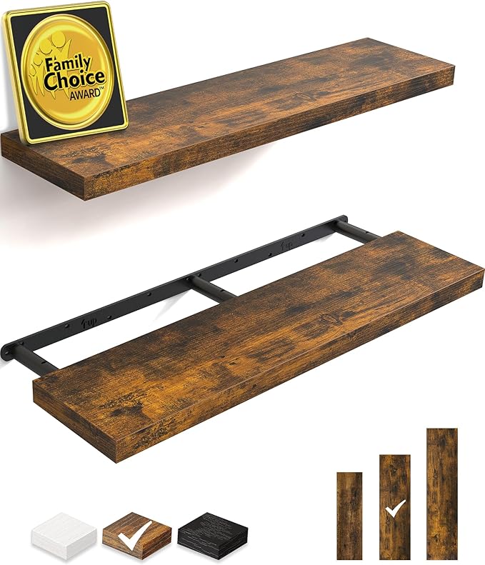 BAYKA Floating Shelves, 36" Wall Mounted Rustic Wood Shelves for Bathroom, Bedroom, Living Room, Kitchen, Office, Hanging Shelf for Books/Storage/Decor(Rustic Brown,Set of 2)