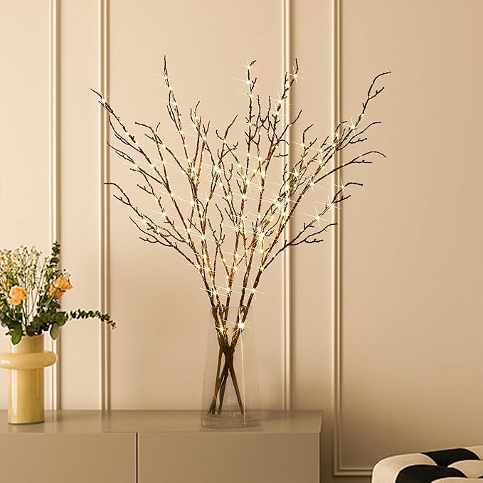 Fudios Lighted Branches Plug in 32IN 200 LED Mantle Winter Decor, Brown Twig Branch Lights for Christmas Holiday Party Indoor Outdoor