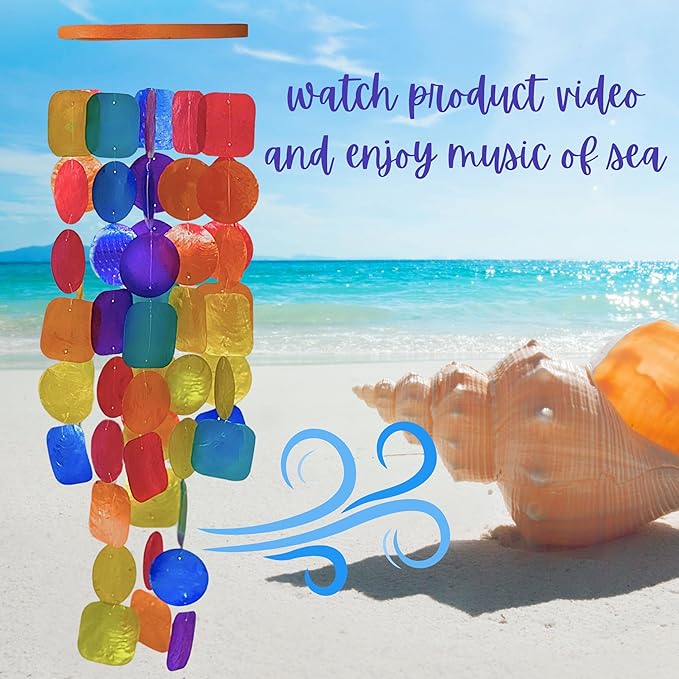Bellaa 24834 Wind Chimes Outdoor, Garden Decorations, Musical, Indoor/Outside Windchimes, Beach, Ocean Breeze, Gifts for Mom, Gift for All Occasions, Capiz Sea Glass Shells Wood American Patriotic
