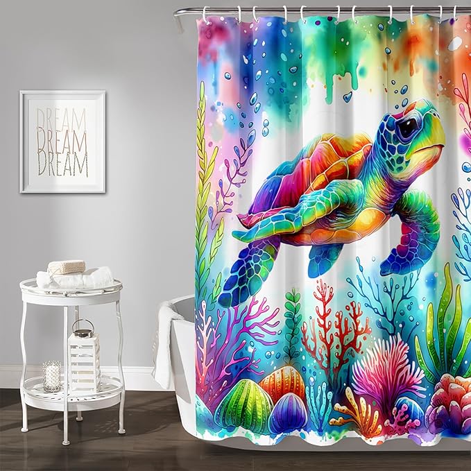 AILONEN Colorful Sea Turtle Shower Curtain, Cartoon Ocean Theme World Cloth Bath Curtain for Bathroom,Watercolor Underwater Waterproof Fabric Shower Curtain Set with Hooks,36" Wx72 H