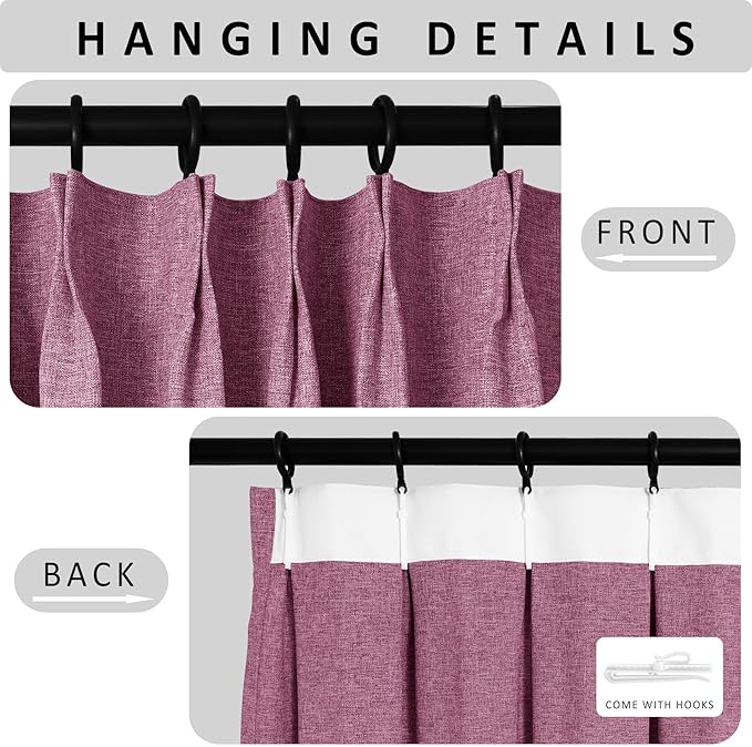 Macochico 120”Wx102”L 100% Blackout Linen Curtains Pinch Pleated Thermal Panels for Sliding Door Bedroom Living Room Farmhouse Shabby Chic Lilac Burlap Curtains with Tieback 1 Panel