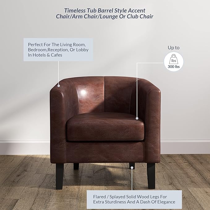 BELLEZE Accent Barrel Chair, Set of 2 Faux Leather Round Club Tub Sofa Corner Chair with Flared Legs and Cozy Soft Padding for Living Room Bedroom Waiting Room - Caramel