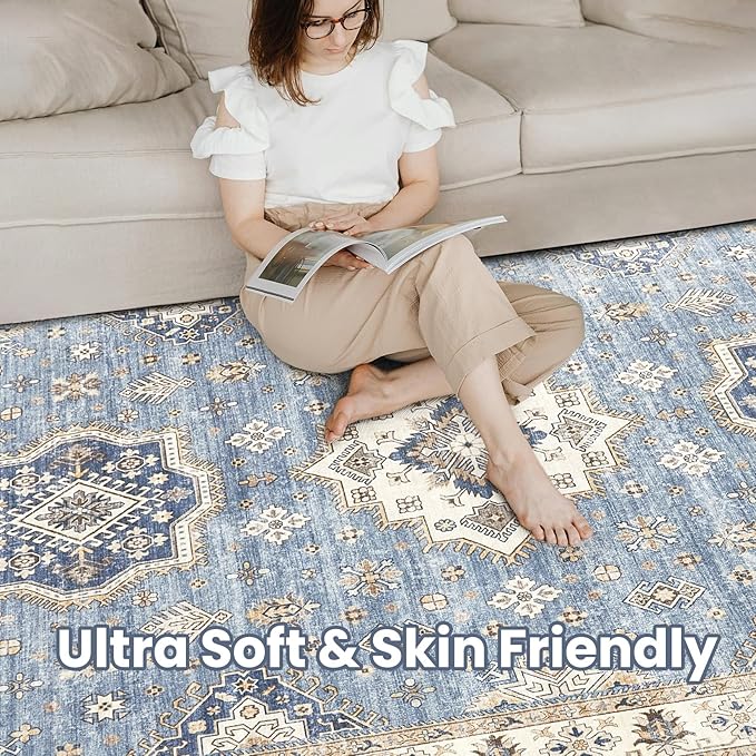 Washable Area Rugs for Living Room - 5x7 Neutral Vintage Distressed Floral Farmhouse Boho Large Soft Floor Rug Indoor Non Slip Carpet for Living Room Bedroom Dining Room Office - Blue