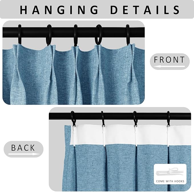 Macochico Extra Wide Full Blackout Linen Curtains for Sliding Door Blue Pinch Pleated Linen Curtains 96 Inches Long for Bedroom Living Room Farmhouse with Tieback 120”Wx96”L 1 Panel