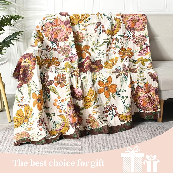 Boho Throw Blanket for Bed - 100% Pure Cotton Ultra Soft Rustic Quilt - Farmhouse Decor Bed Blankets, All Season Rustic Throw for Sofa Couch Chair(80''x 90'', Floral Blossom)