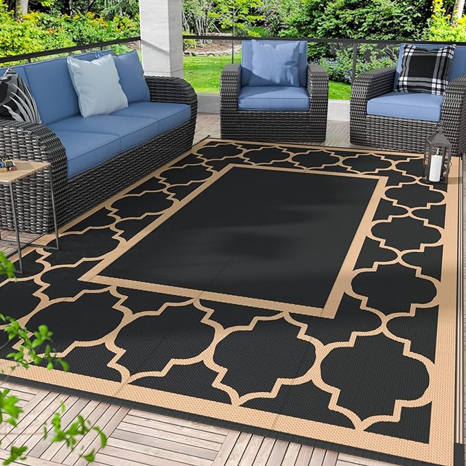 GENIMO 5' x 8' Outdoor Rug Waterproof for Patio Decor, Foldable Reversible Plastic Straw Area Rugs Mat for Camper, Outside Carpet for Rv, Deck, Porch, Picnic, Beach, Balcony, Black & Brown