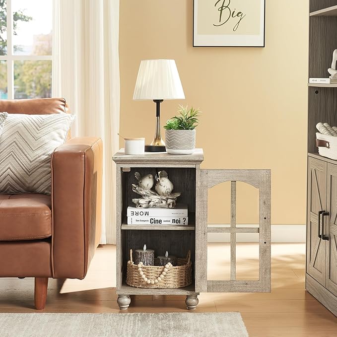 Narrow Side Table Set of 2,Farmhouse Nightstand with Charging Station,End Table with Glass Barn Door Storage, Cabinet Organizer with Adjustable Shelf, Night Stand for Small Spaces Living Room Bedroom