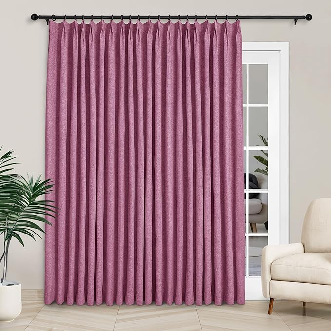 Macochico Extra Wide Full Blackout Linen Curtains for Sliding Door Lilac Pinch Pleated Linen Curtains 96 Inches Long for Bedroom Living Room Farmhouse with Tieback 120”Wx96”L 1 Panel