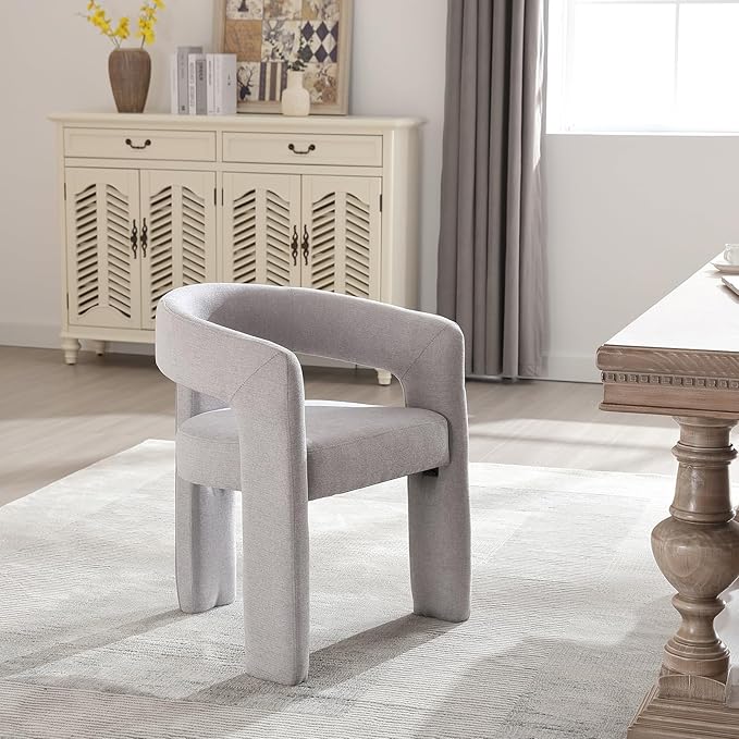 Grey Chenille Dining Chairs Set of 2, Modern Barrel Dining Room Chairs Upholstered Faux Fur Accent Chair with Arms and Round Back for Living Room Kitchen Armchair No Assembly Needed
