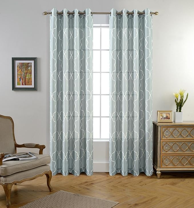 MIUCO Moroccan Embroidered Semi Sheer Curtains Linen Look Grommet Window Curtains for Bedroom 52 x 95 Inch 2 Panels, Sea Foam