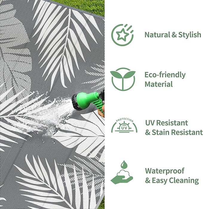 GENIMO Outdoor Rug 10' Round Waterproof for Patios Clearance, Reversible Outdoor Plastic Straw Camping Rug Carpet, Large Area Rugs Mats for RV, Camper, Deck, Balcony, Porch, Beach, Picnic, Grey&White