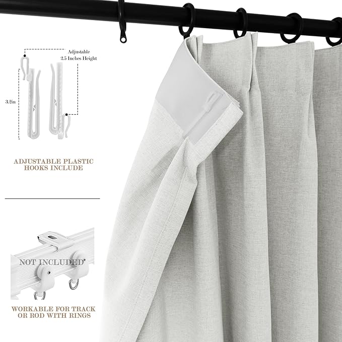100% Blackout Linen Textured Drapes for Bedroom Pinch Pleated Curtains for Track System Portable Drapery for Sliding Glass Door/Storage/Space Room Divider, 70" Wx84 L, 1 PC, Greyish White